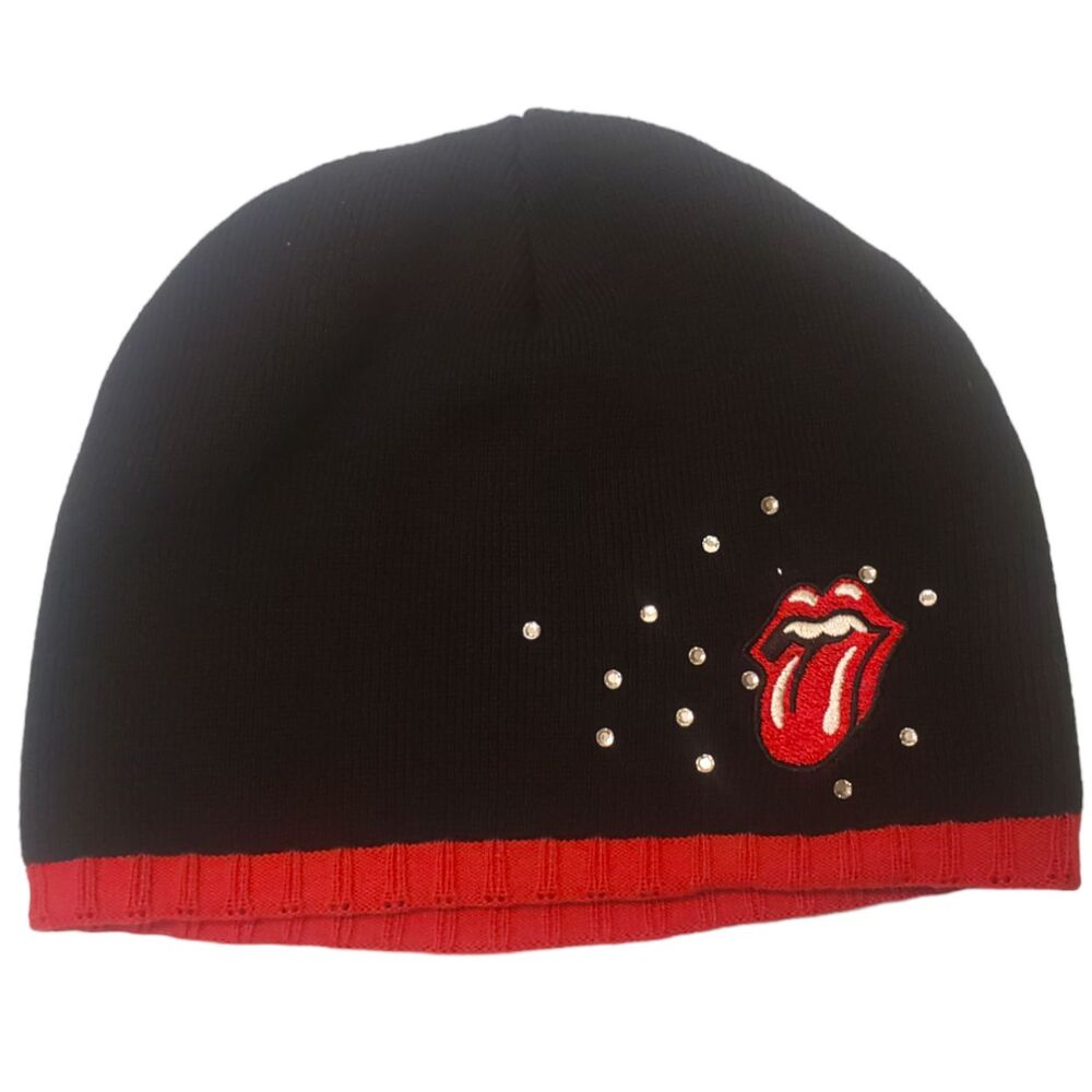 Rolling Stones Tongue Black & Red Beanie Skull Cap Hat Rhinestones Vintage 2007